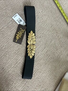 Black Elastic Waist Belt with Gold Leaf Detail